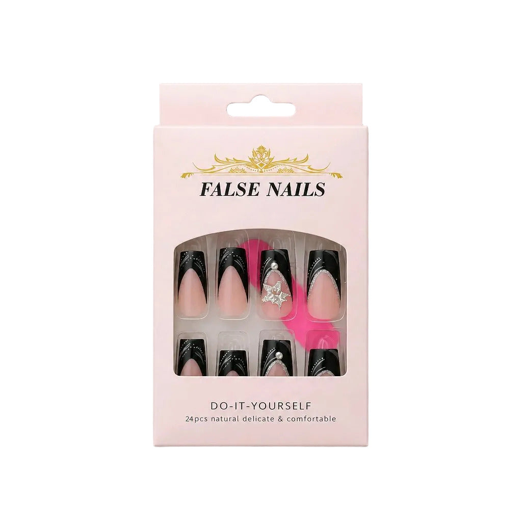 Packaging of false nails with a pink gradient and gold accents on a light gray background.