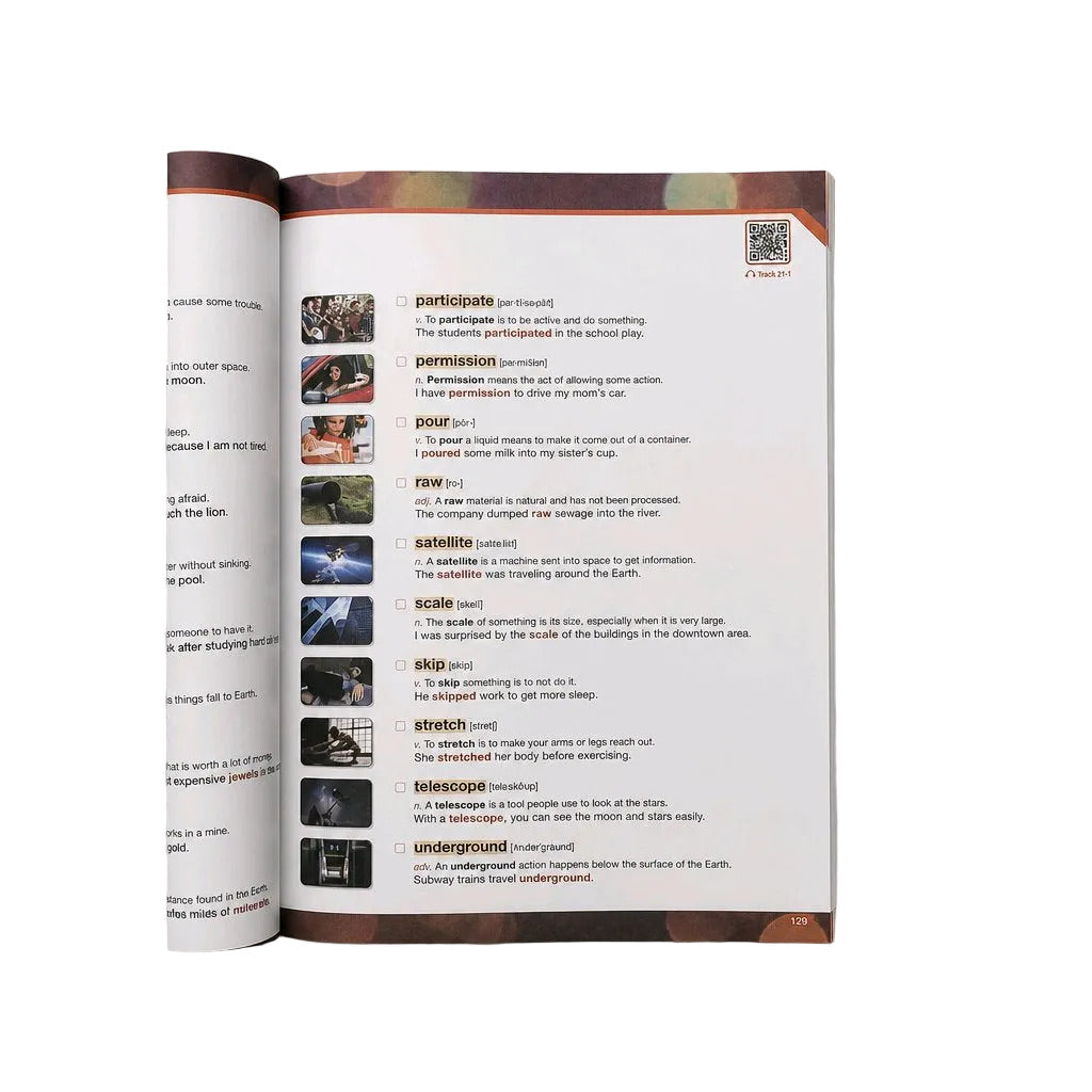 An open book or booklet laid flat on a light gray surface, showing printed text and small inset photographs on both pages. No person, animal, or real environment is present beyond the neutral tabletop/background.