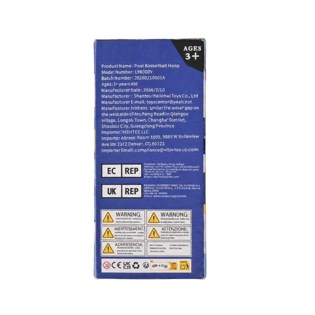 The back of a blue product box with multiple regulatory labels, including CE, REACH, UK REPH, and age warning icons, photographed on a light gray background.