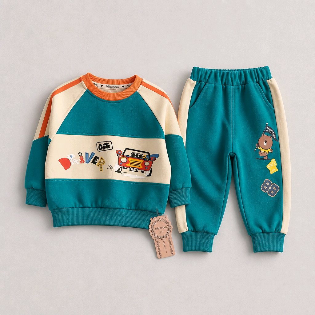 A children's two-piece clothing set consisting of a long-sleeve sweatshirt and matching jogger pants. The sweatshirt features a color-blocked design with teal, cream, and orange panels, decorated with cartoon graphics on the chest.