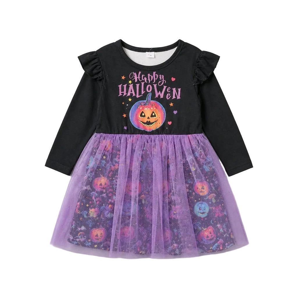 Halloween-themed dress with black top and purple tulle skirt on a light gray background