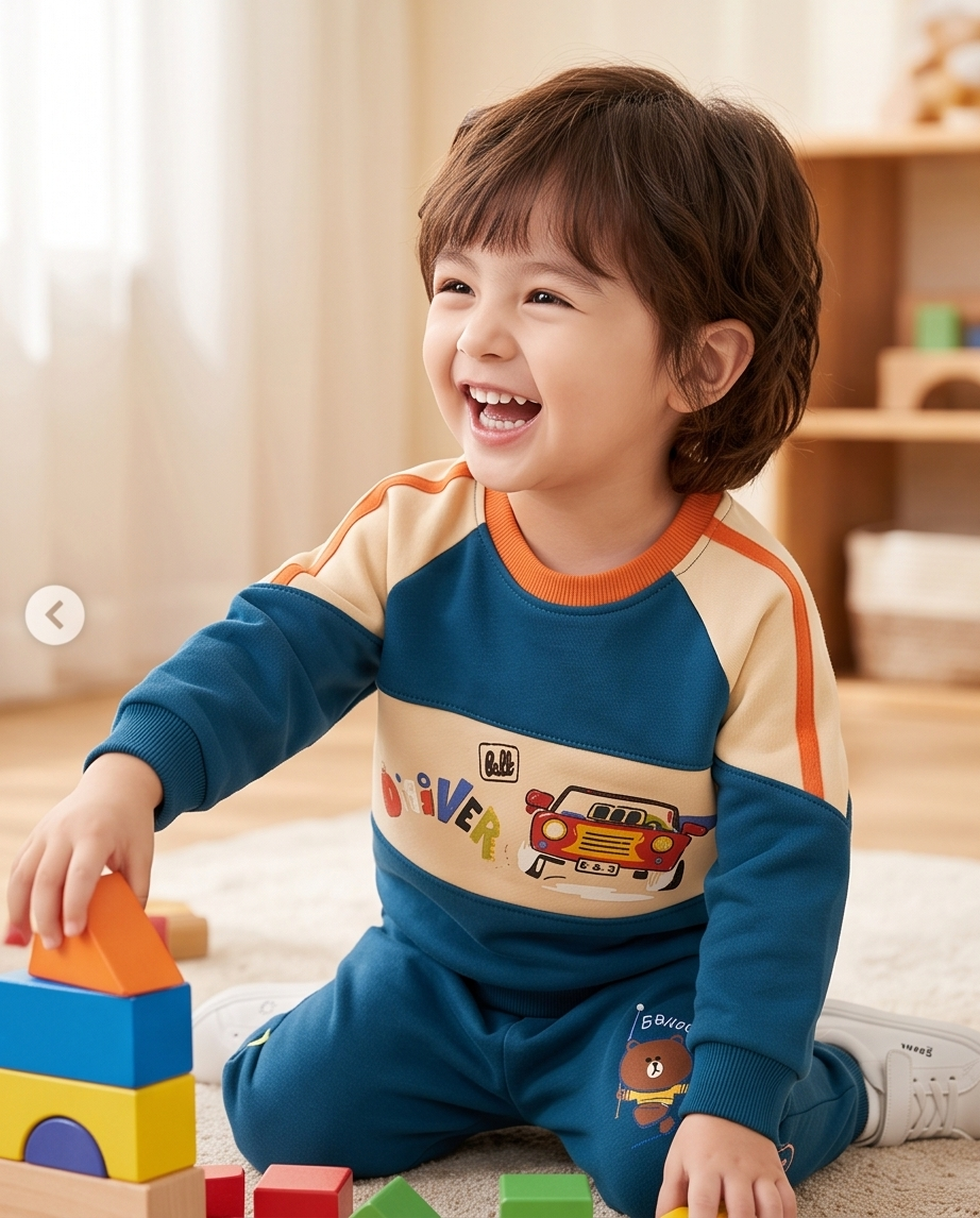 A young child wearing a blue and beige long-sleeve pajama set with an orange collar and a cartoon car graphic, sitting on a carpet and playing with colorful blocks in a softly lit room.