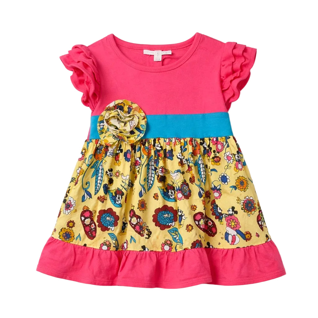 Colorful children's dress with floral pattern and pink top on a white background