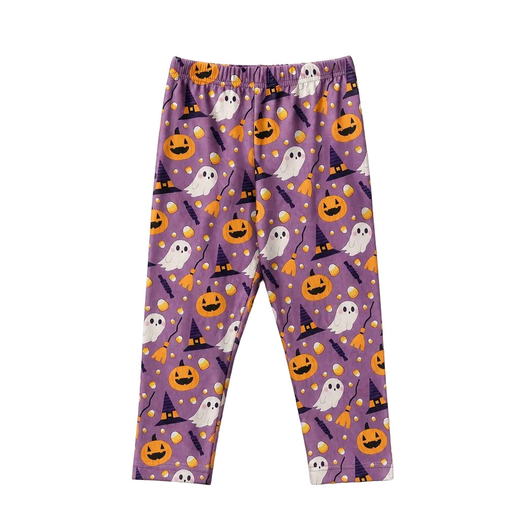 Purple Halloween-themed leggings with pumpkins, ghosts, and witches' hats on a light gray background.