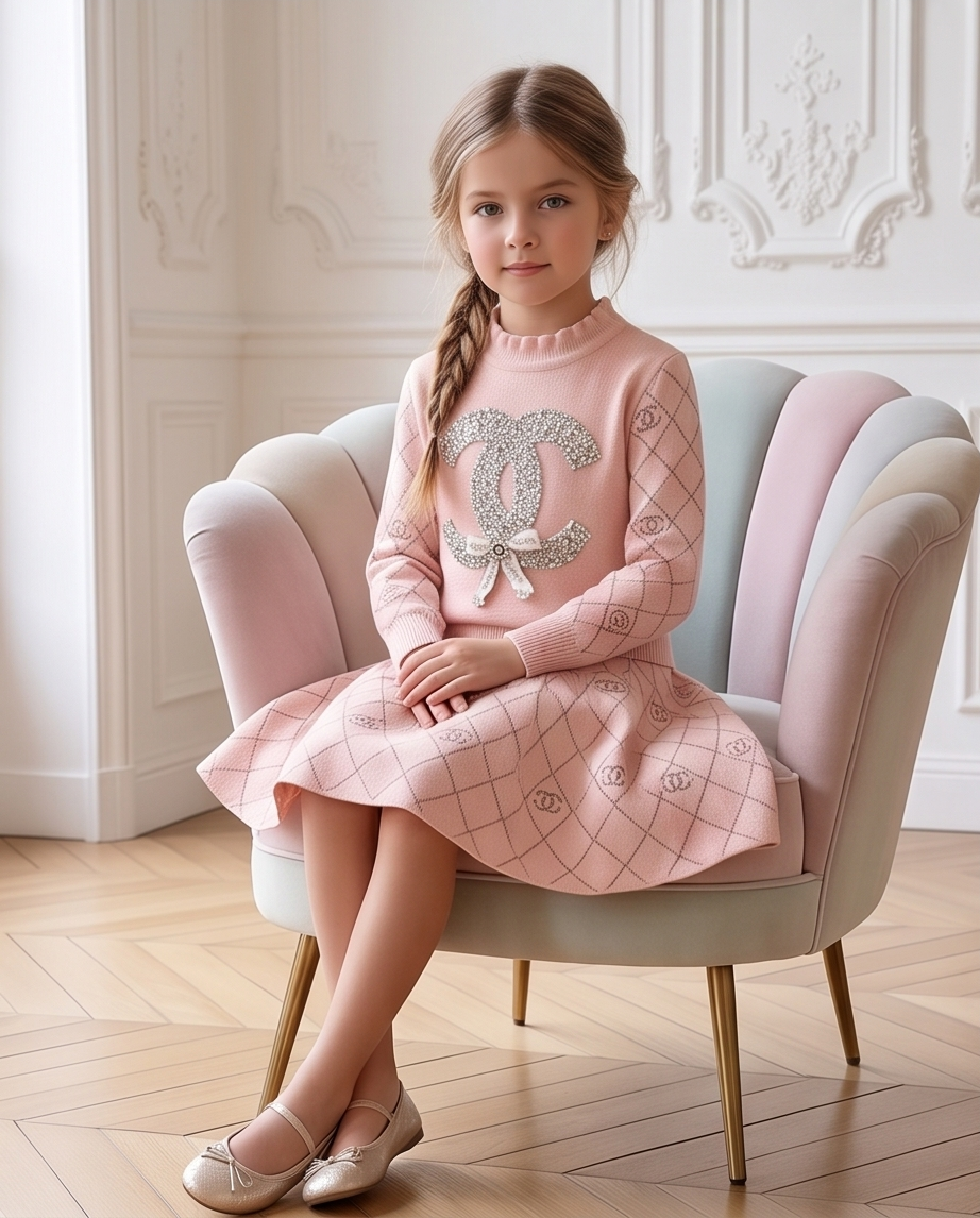 A young girl with a braided ponytail sits on a pastel pink and beige armchair in a bright room. She is wearing a pink long-sleeve dress with a large silver Chanel logo motif on the chest and a subtle diamond pattern, paired with beige ballet flats.