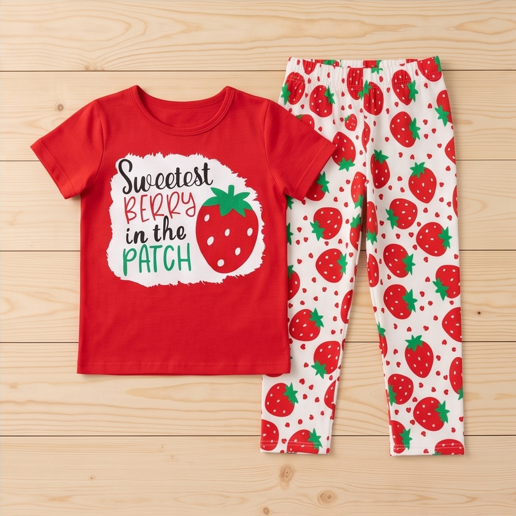 Strawberry In The Patch Print 2pcs Casual Outfit