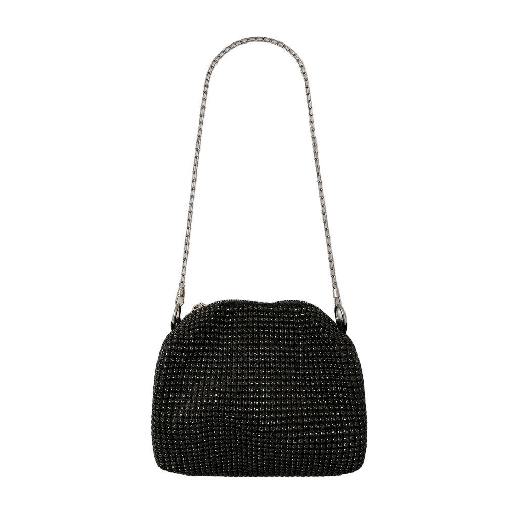 Black beaded handbag with a chain strap on a light gray background