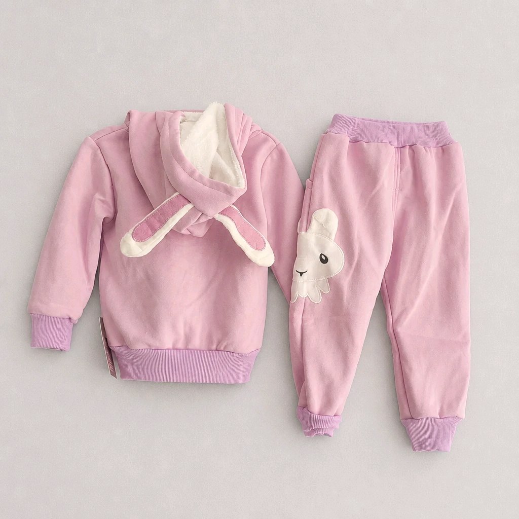 A two-piece baby clothing set in light pink fleece, featuring a hooded sweatshirt with plush bunny ears and a matching pair of jogger pants with a bunny applique on the thigh.