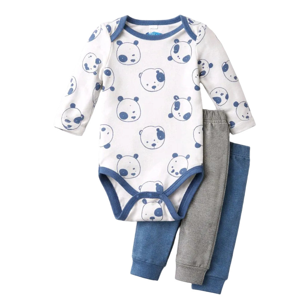 Baby outfit set with white onesie with blue panda pattern, blue pants, and gray pants on a white background.3 Piece Set 3-6 Months: Cute Dog-Themed Outfit