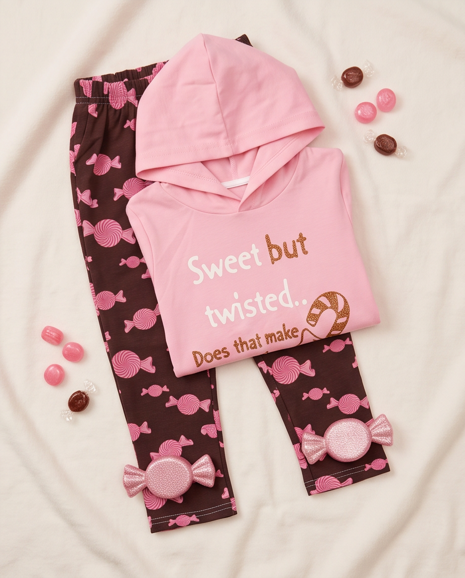 A children's two-piece pajama set laid flat on a cream fabric background, featuring a light pink hooded sweatshirt with the text 'Sweet but twisted.