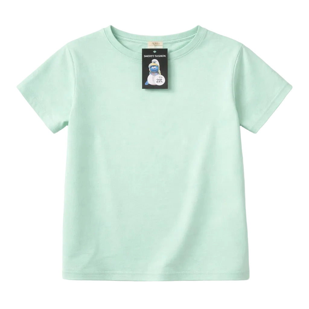 Mint green t-shirt with a tag on a white background