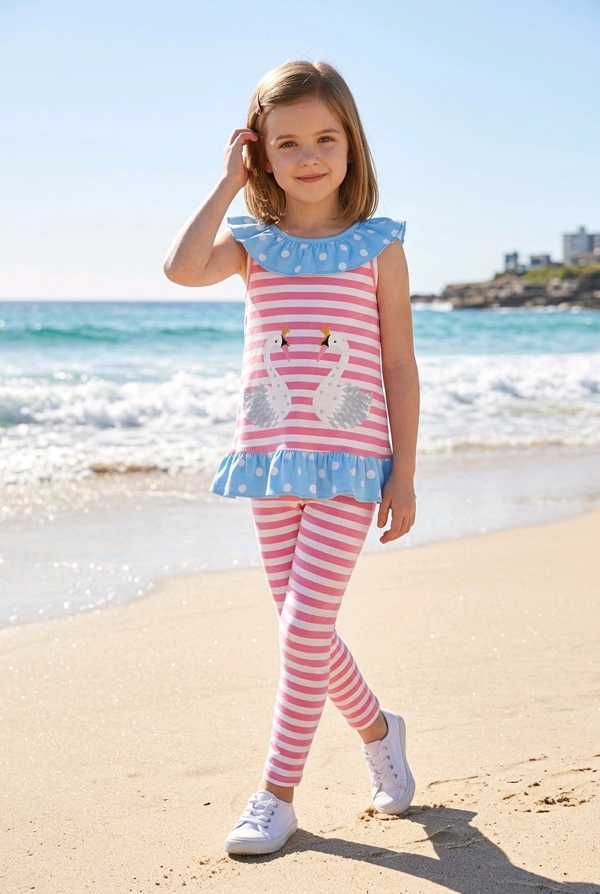 Young girl in a dress and leggings standing on a beach with ocean in the background