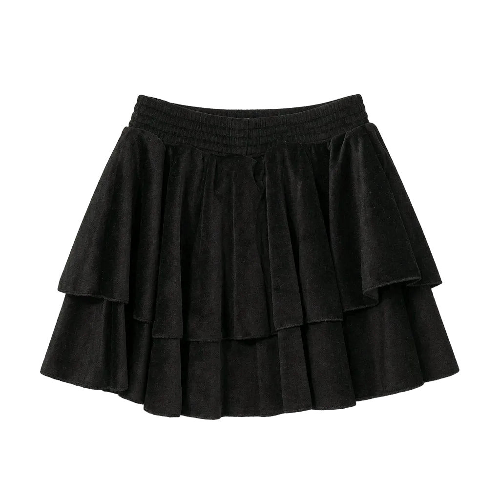 Black tiered skirt on a light gray background