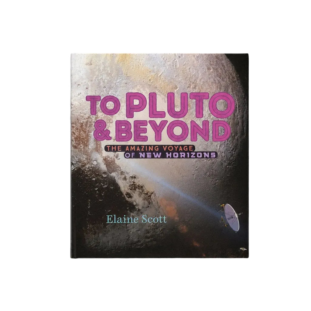 A hardcover book titled 'To Pluto & Beyond' by Elaine Scott, featuring a space-themed cover with a large celestial body, a spacecraft, and bold pink title text, shown against a light gray background.