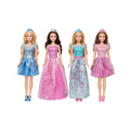 Four fashion dolls standing side by side against a light gray background, each wearing a different princess-style dress in blue, pink, aqua, and lavender tones with tiaras.