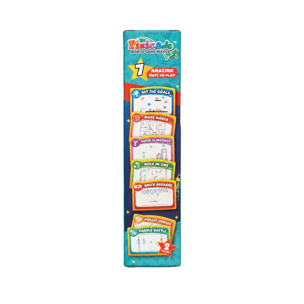 A tall rectangular product box for a children's game or activity set, photographed against a plain light gray background. The box is predominantly teal/turquoise with colorful printed panels showing different game cards or activities, and the brand name 'Pinocade' is visible near the top.