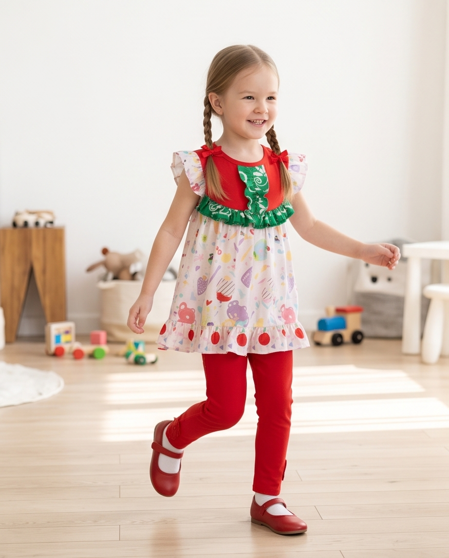Young girl in a colorful dress with a red and green ruffled top in a room with toys.