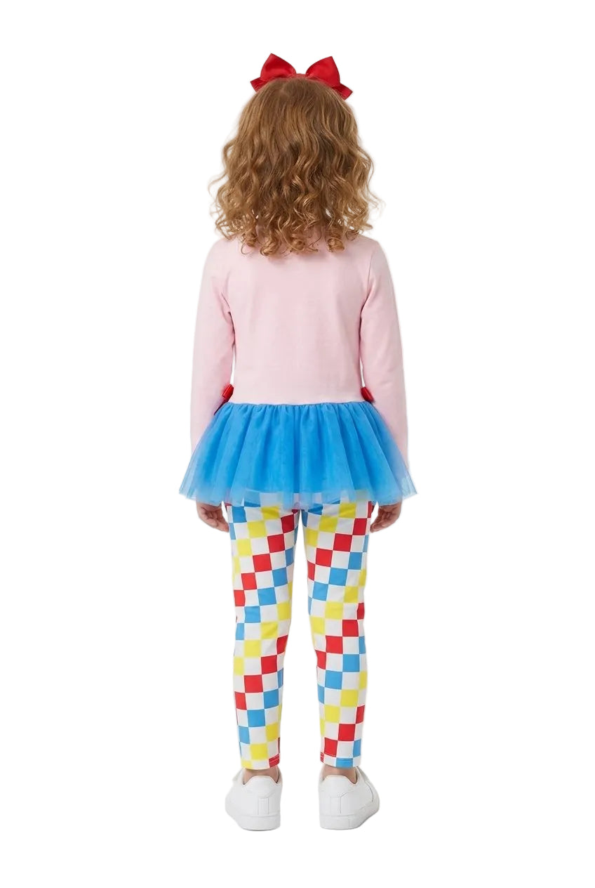 Child wearing a pink sweater, blue tutu, and colorful checkered leggings on a white background with 'arvin' branding.