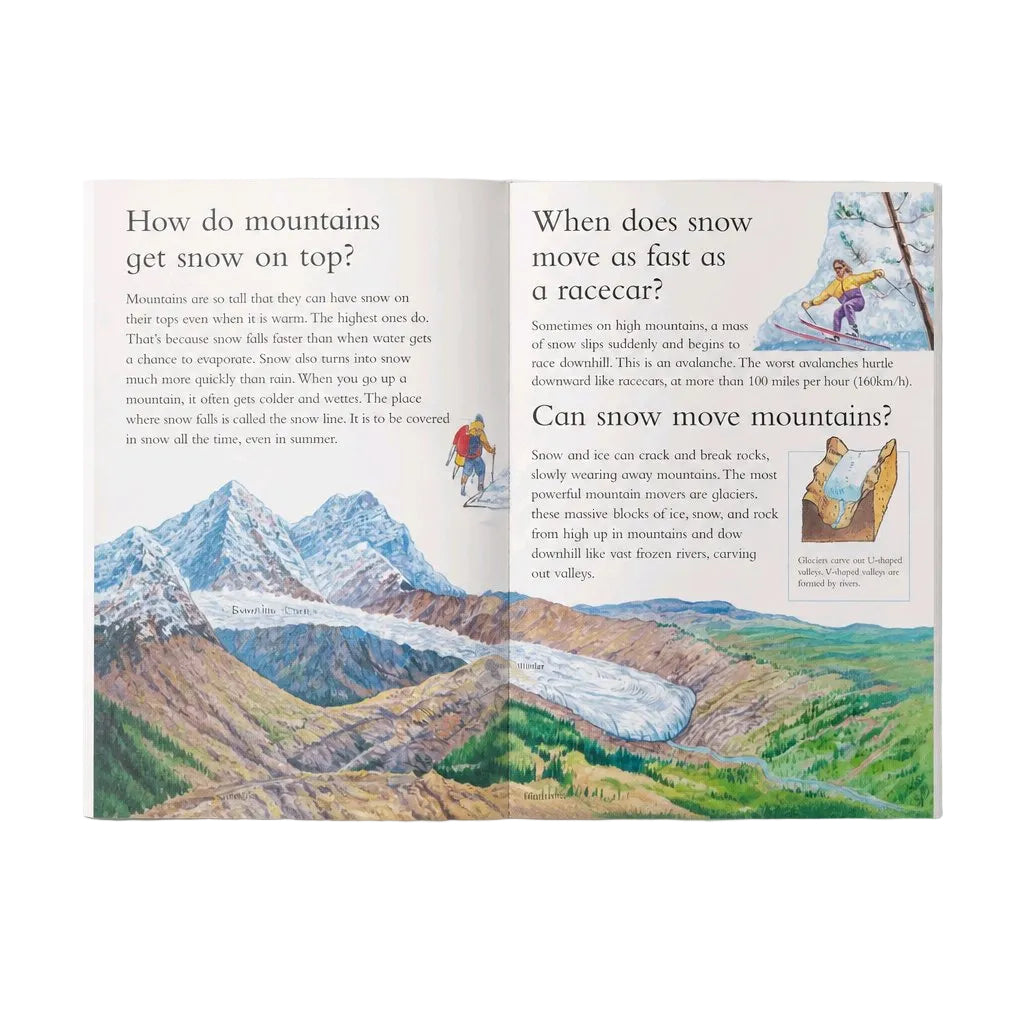 An open children's book spread showing educational text about mountains and snow, with colorful landscape illustrations on both pages.