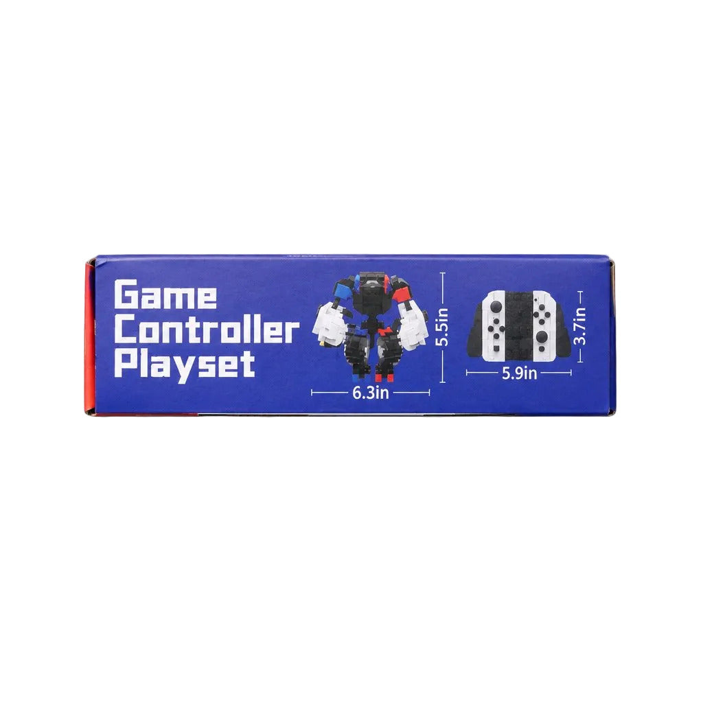 A blue rectangular product box for a 'Game Controller Playset' on a light gray background. The box features a printed illustration of a small robot controller and a white-and-black game controller, with dimensions labeled in inches.