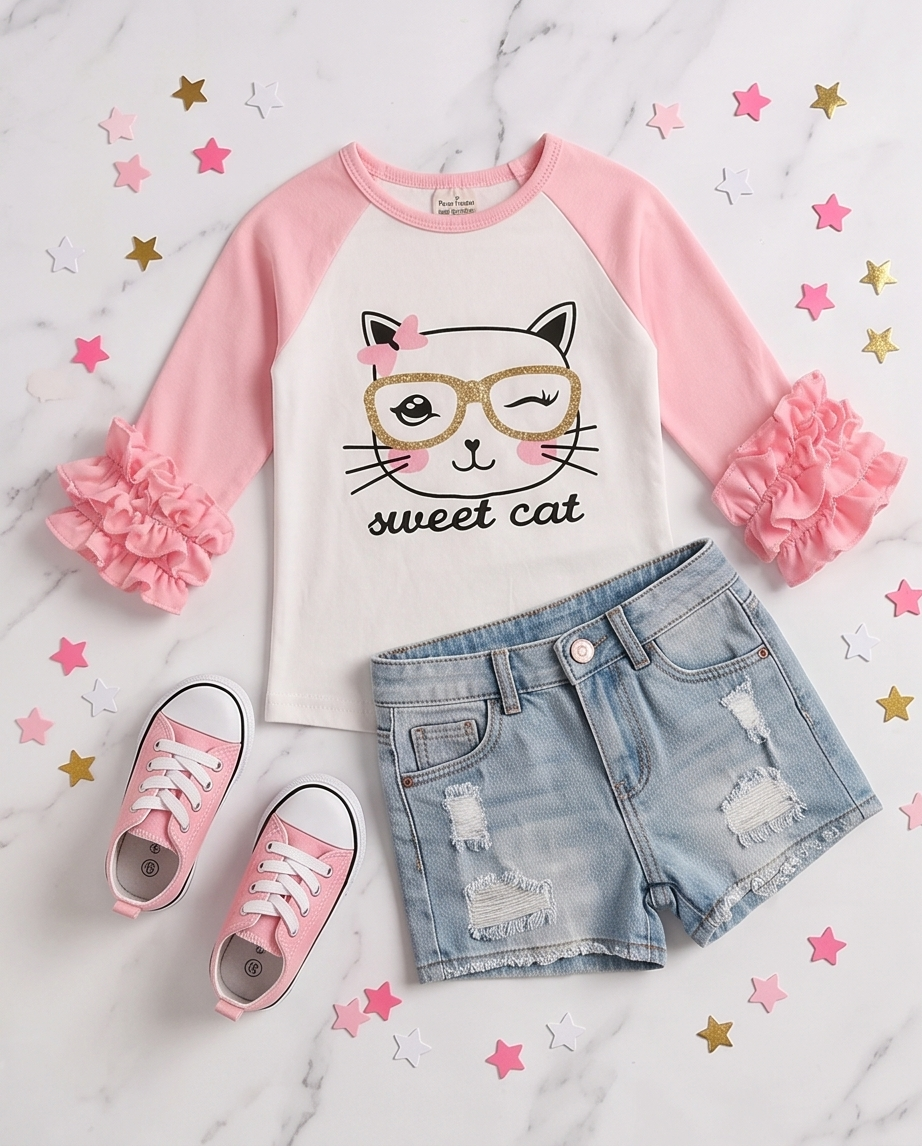 A children's outfit flat lay featuring a white and pink raglan long-sleeve shirt with a cat face graphic and 'sweet cat' text, paired with light blue distressed denim shorts and pink sneakers on a white marble background with star confetti.