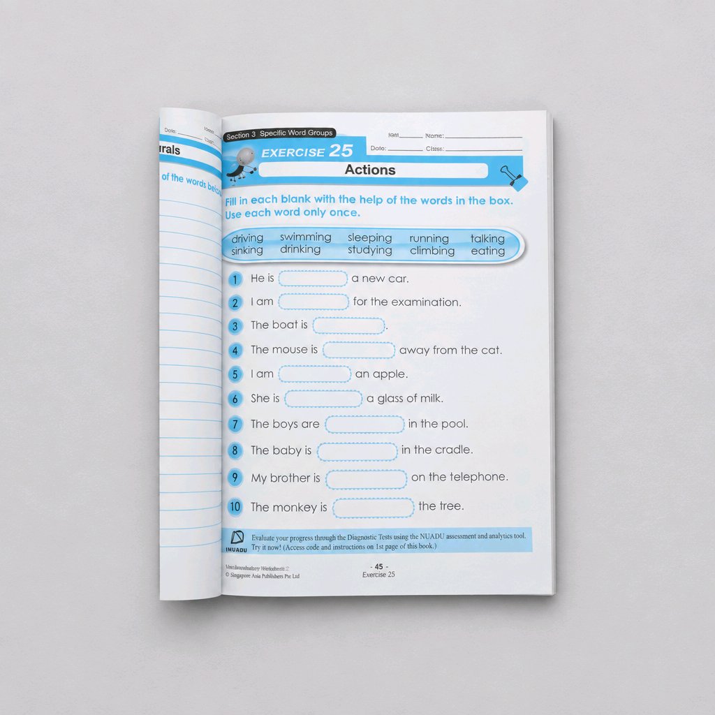 An open workbook page showing a printed exercise titled 'Exercise 25 Actions' with fill-in-the-blank sentences and a word bank, photographed on a light gray background.