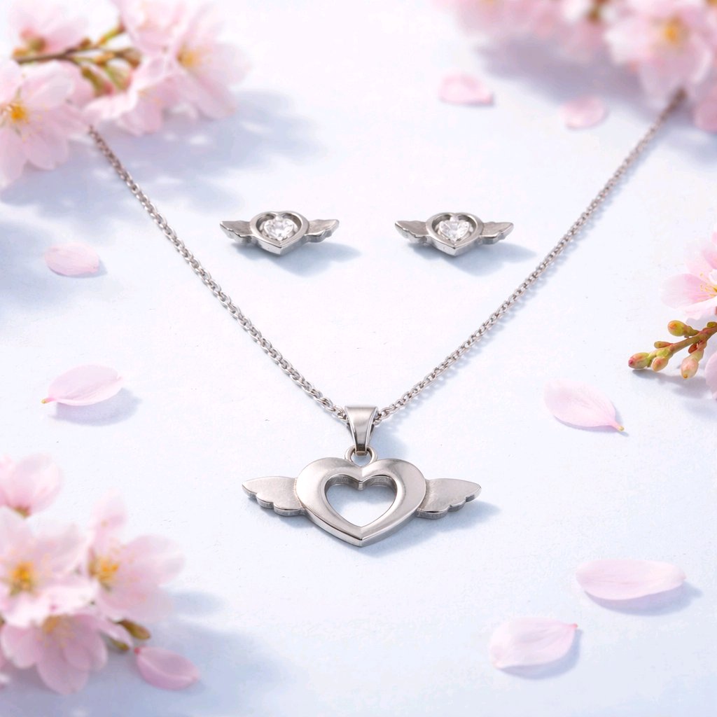 Silver heart-shaped pendant necklace and earrings on a light blue background with pink flowers.