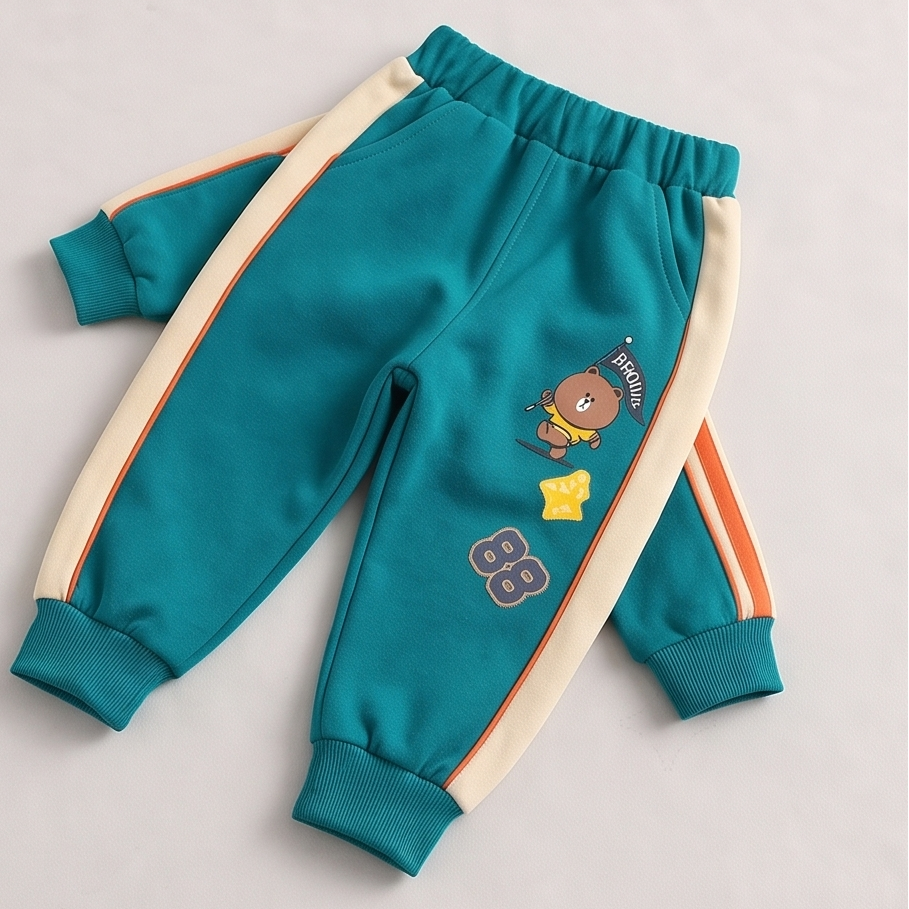 A pair of toddler jogger pants in teal, featuring cream and orange side stripes, ribbed cuffs, and cartoon graphics on the left leg. A black number '4' is overlaid in the top-left corner.