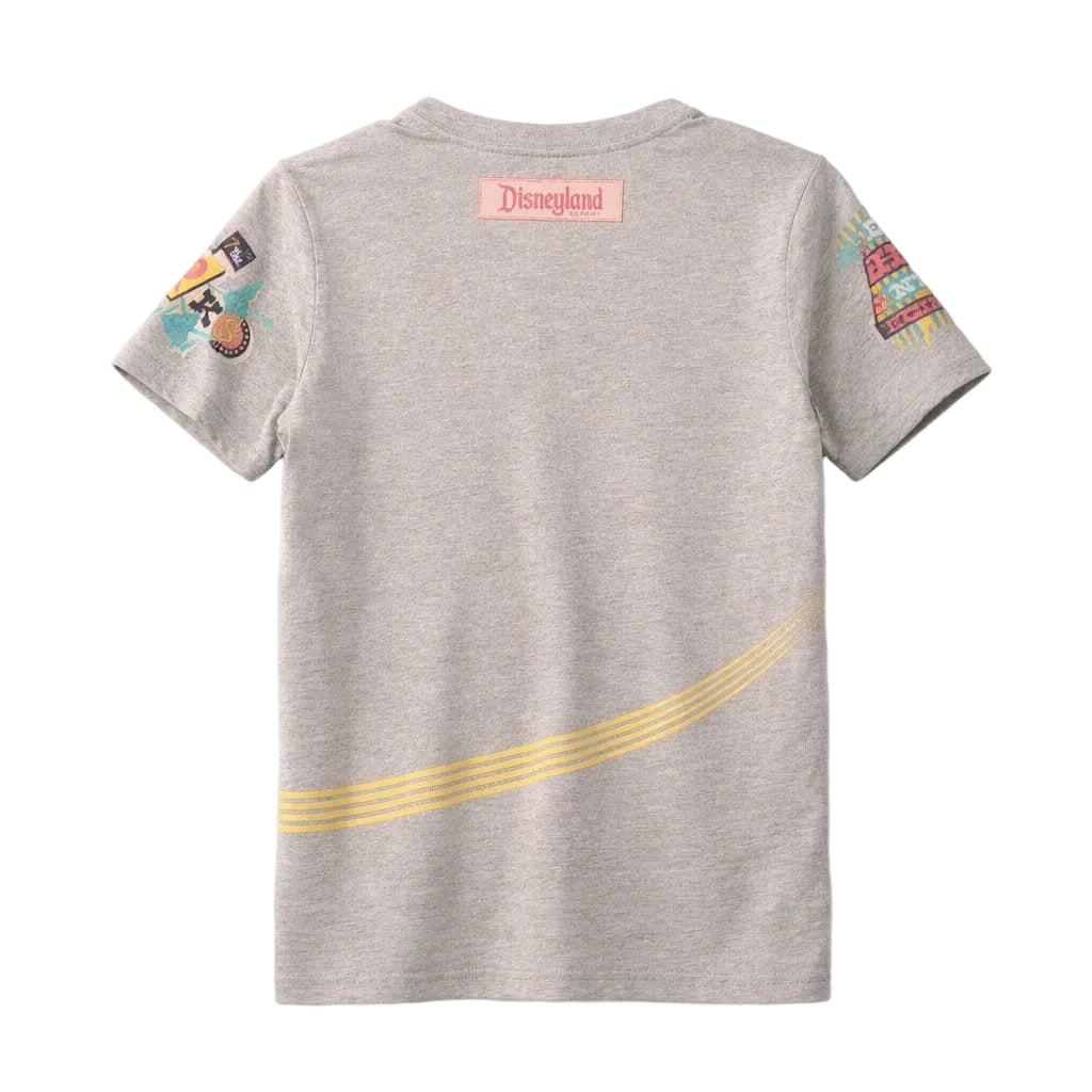 Gray t-shirt with colorful designs on sleeves and 'Disneyland' logo on a white background