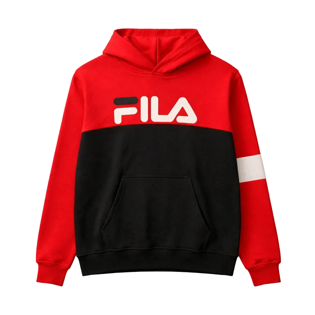Red and black hoodie with Fila logo on a white background