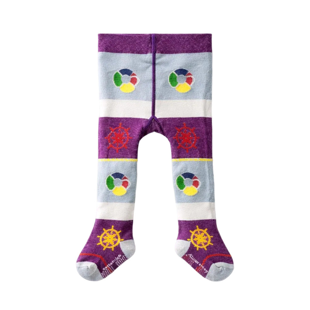 Colorful children's tights with patterns on a white background