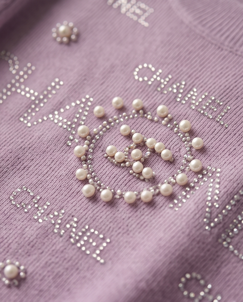 Close-up of a lavender knit sweater featuring Chanel lettering and a large Chanel logo embellished with white pearls and rhinestones.