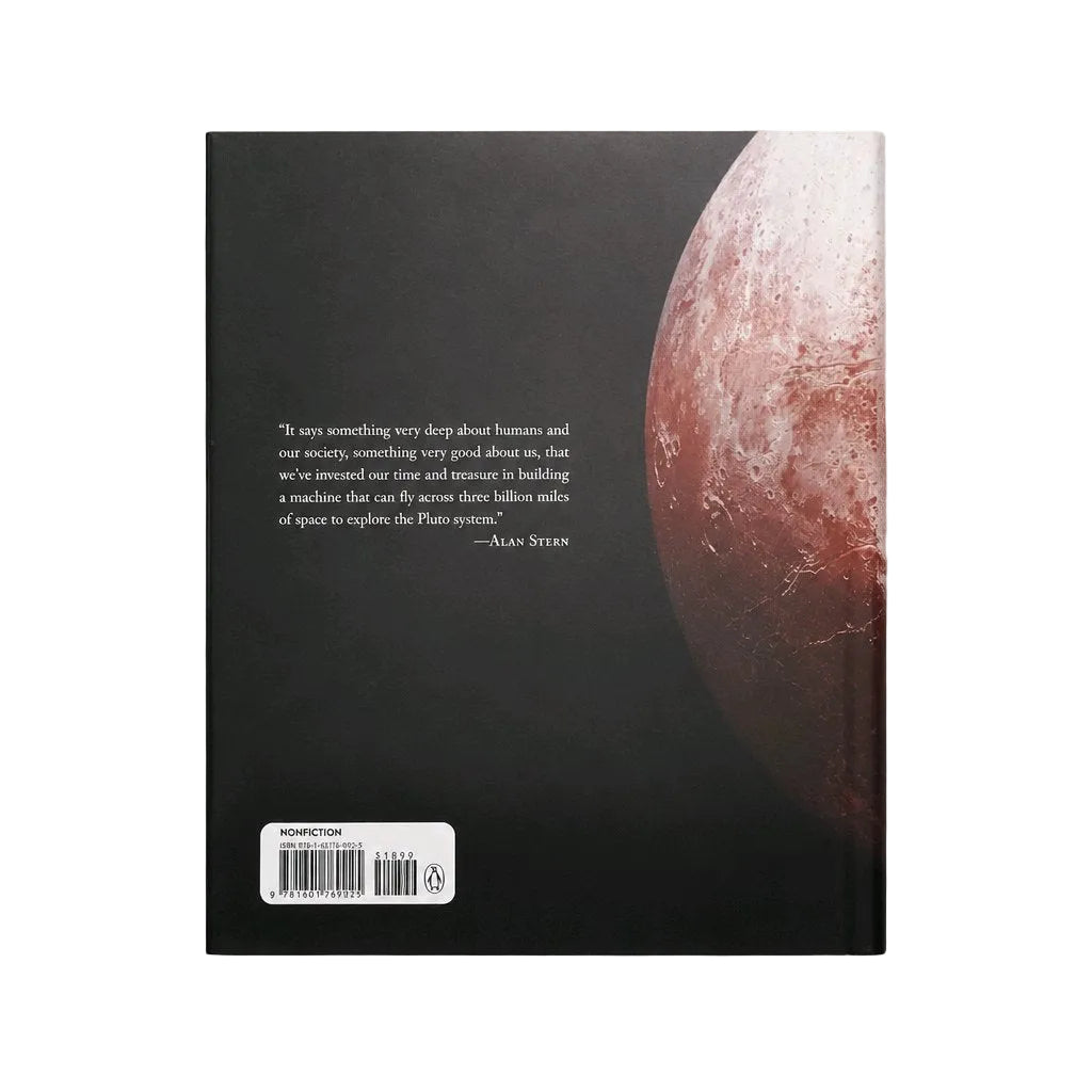 The back cover of a book or magazine featuring a black background with a large reddish-brown celestial body on the right and a white quote from Alan Stern on the left. A barcode label is visible at the bottom left.
