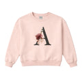 Pink sweatshirt with a floral letter 'A' design on a light gray background