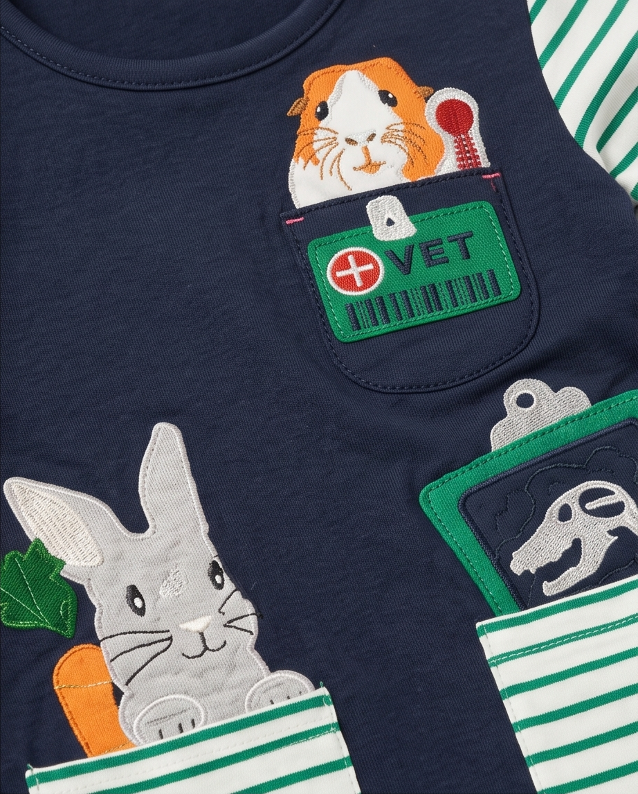 Close-up of a navy blue children's top with embroidered animal pockets. The chest pocket features an orange and white guinea pig with a green VET patch, and the lower pocket shows a gray rabbit with an orange carrot and green-and-white striped cuffs.