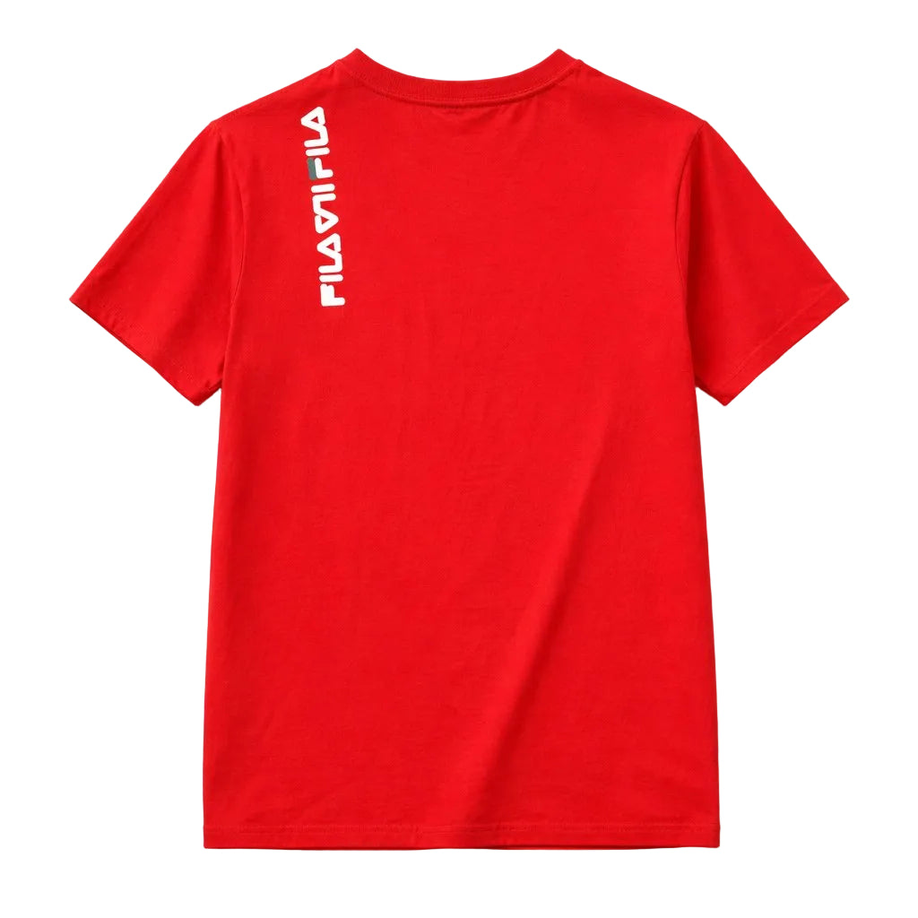 Red t-shirt with 'Fila' logo on the back against a white background