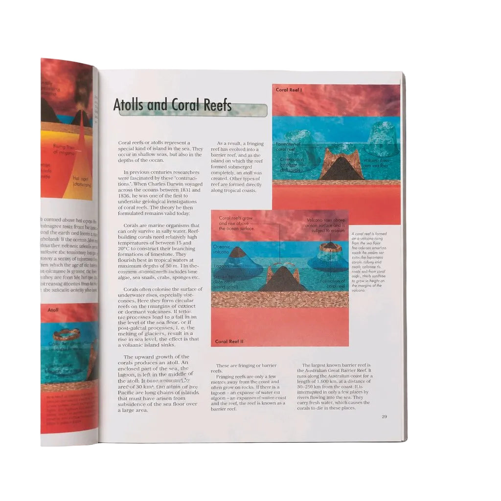 An open book or magazine spread showing a page titled "Atolls and Coral Reefs" with multiple coral reef photographs and blocks of text, photographed against a light gray background.