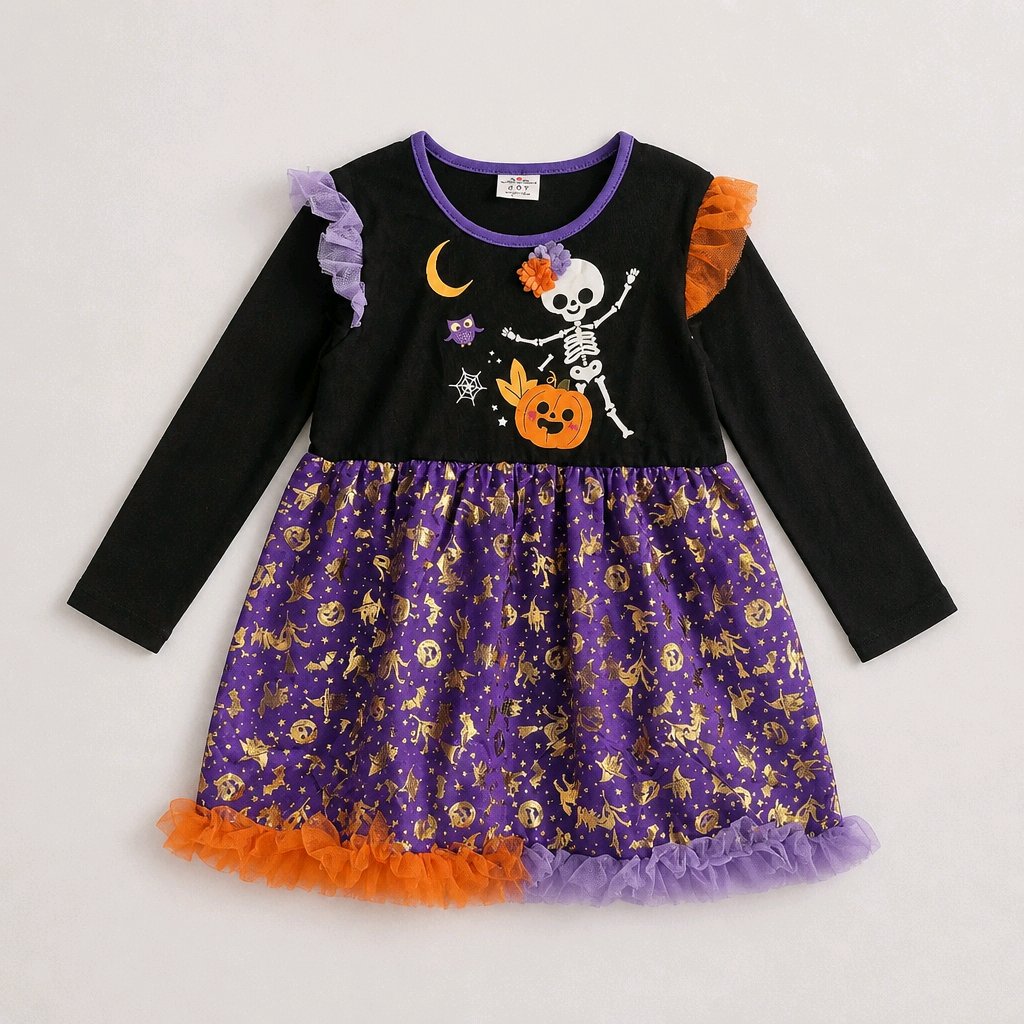 Halloween-themed dress with skeleton, pumpkin, and moon design on a white background