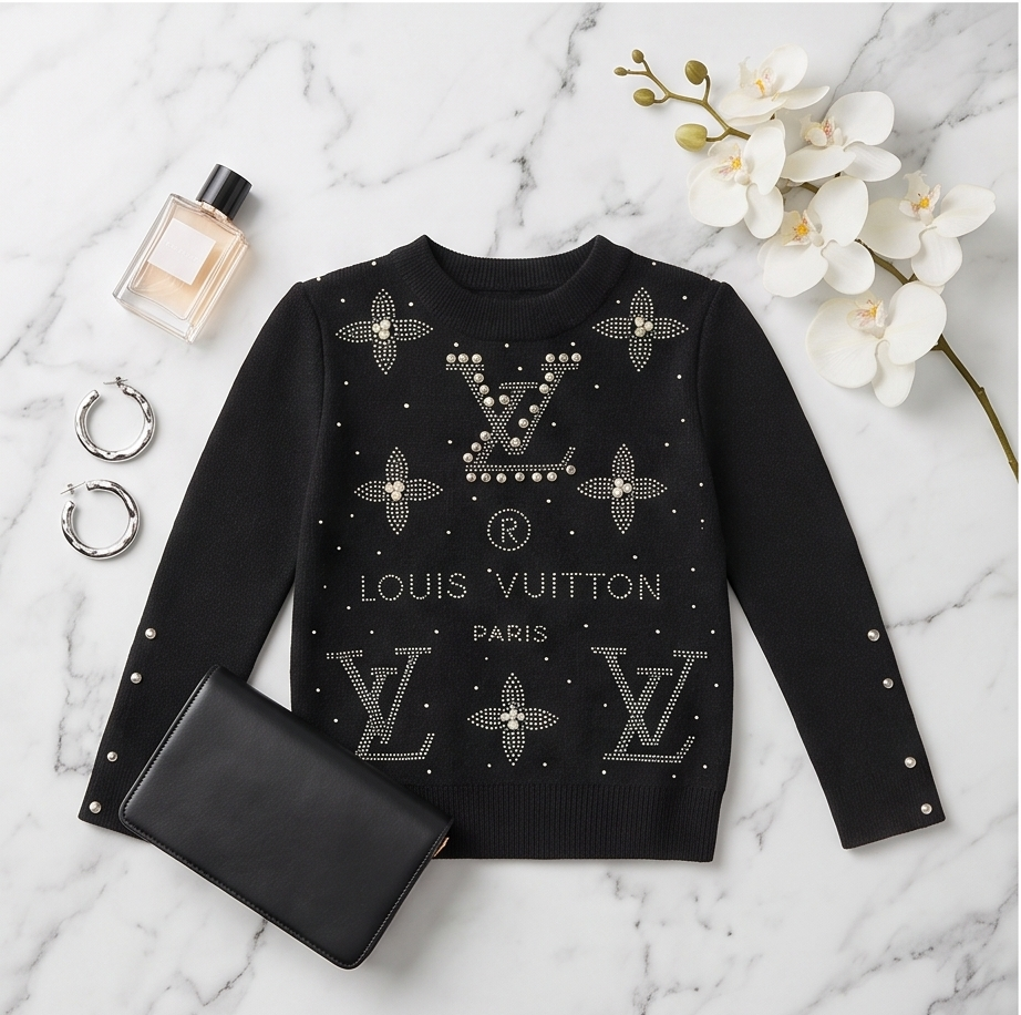 A black Louis Vuitton knit sweater with silver-tone LV logos and floral motifs embellished with rhinestones, styled in a flat lay on a white marble background with a black clutch, perfume bottle, earrings, and white orchids.