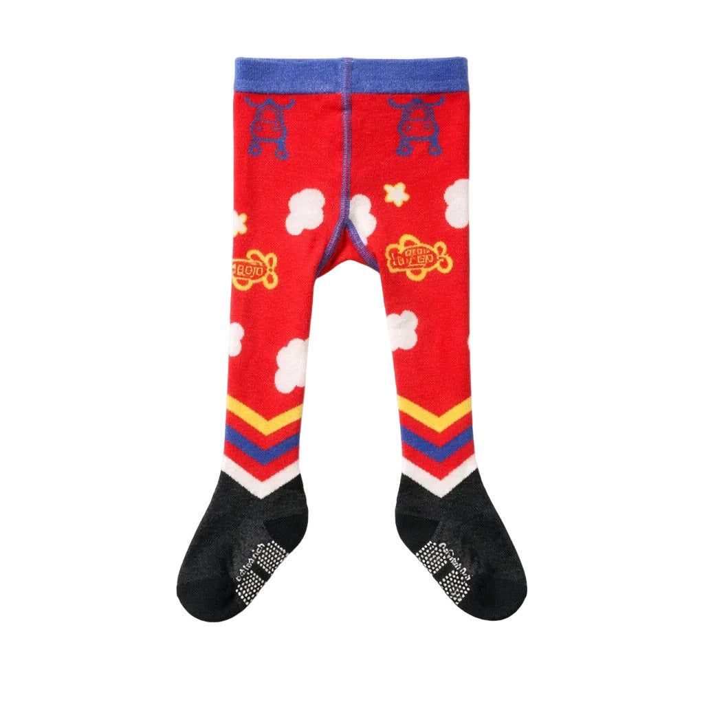 Red tights with blue, yellow, and white patterns on a white background