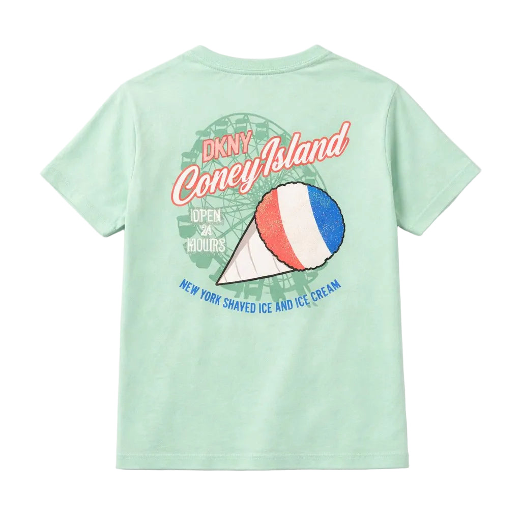 Light green t-shirt with DKNY Coney Island ice cream cone graphic on a white background