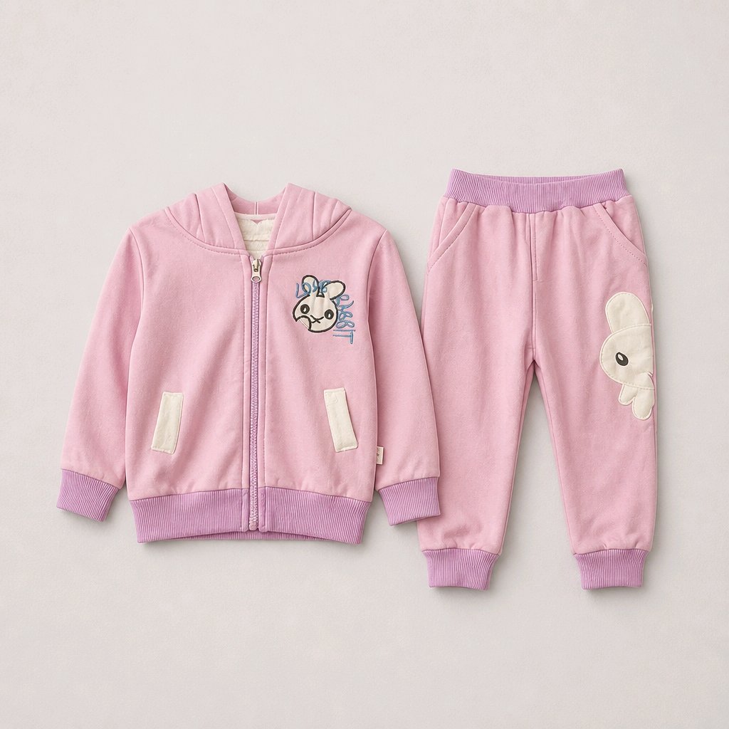A children's two-piece matching set consisting of a light pink zip-up jacket and jogger pants. The jacket features a light purple ribbed collar, cuffs, and hem, a light purple elastic waistband, a cartoon bunny applique on the left chest, and two small white rectangular patch pockets.