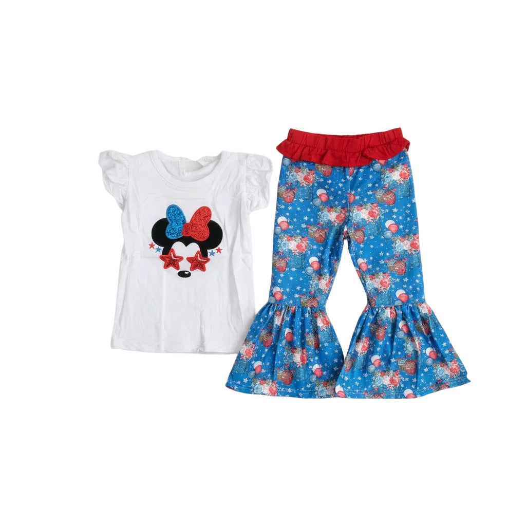 White t-shirt with Minnie Mouse design and blue floral pants on a light gray background