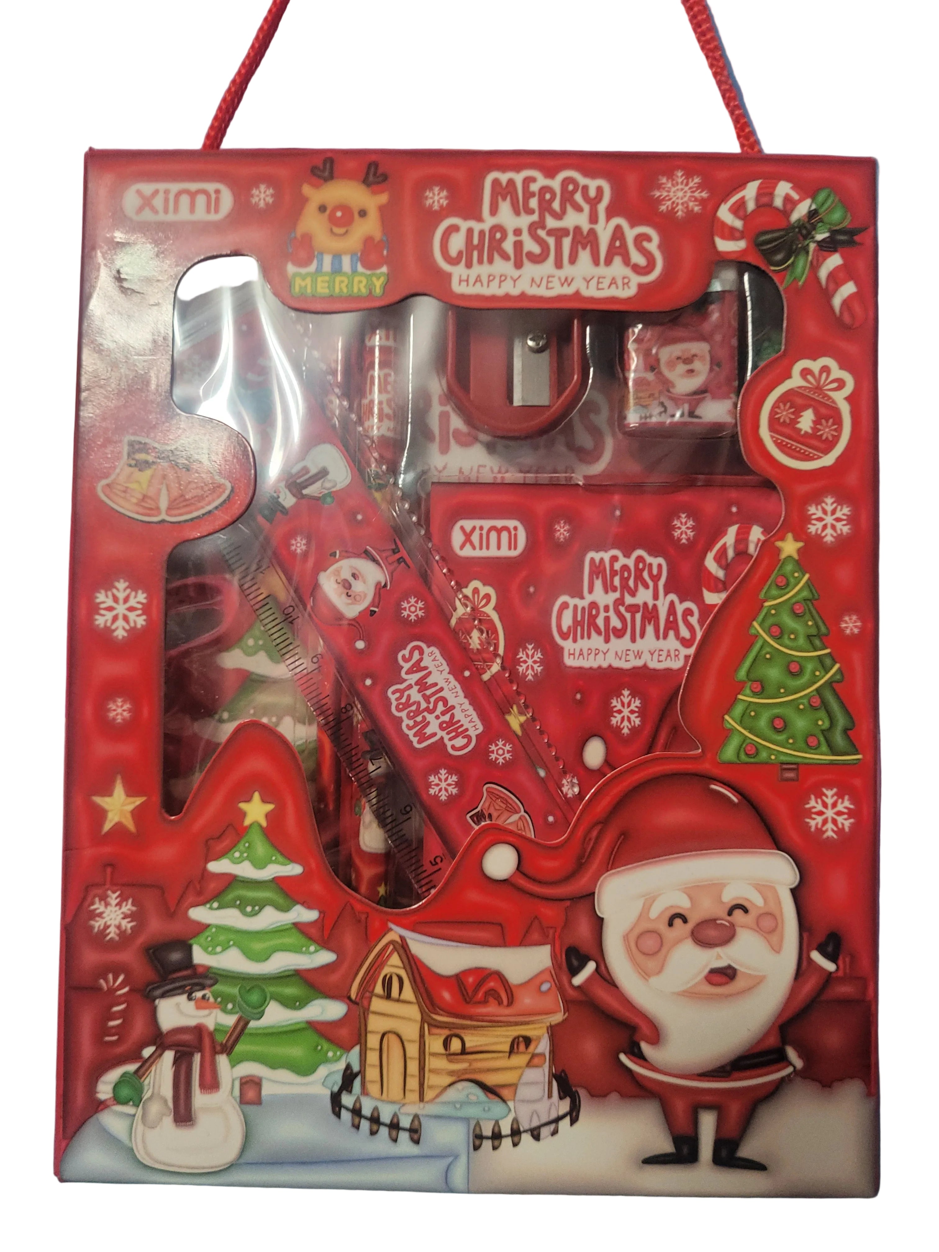 Red Christmas-themed gift set with Santa Claus design on a blue textured background