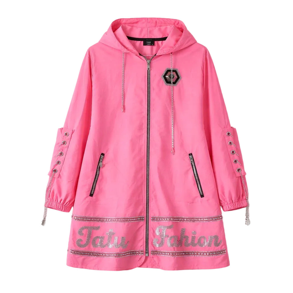 Pink hooded jacket with 'Tatu Fashion' text on a white background