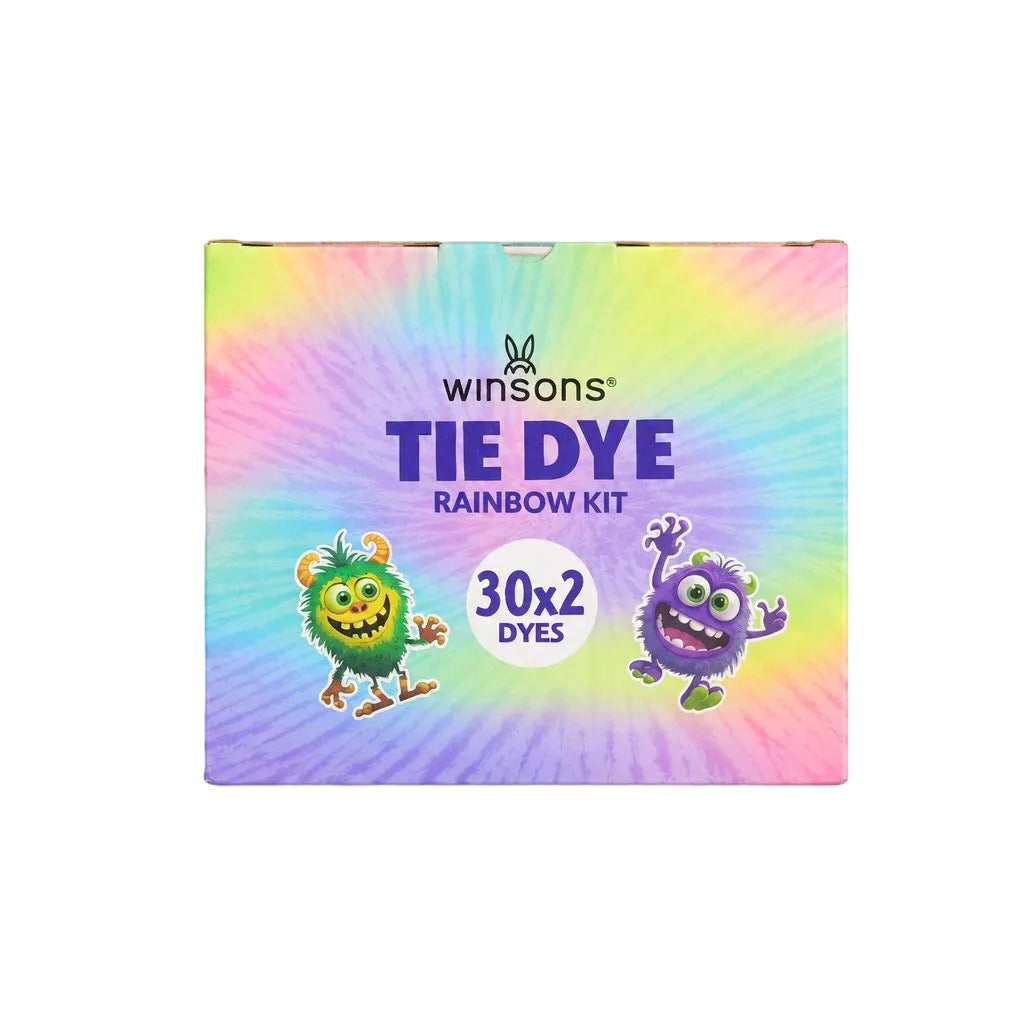 A Winsons Tie Dye Rainbow Kit box featuring a vibrant rainbow tie-dye pattern with cartoon monster illustrations and text indicating 30x2 dyes, set against a neutral gray background.