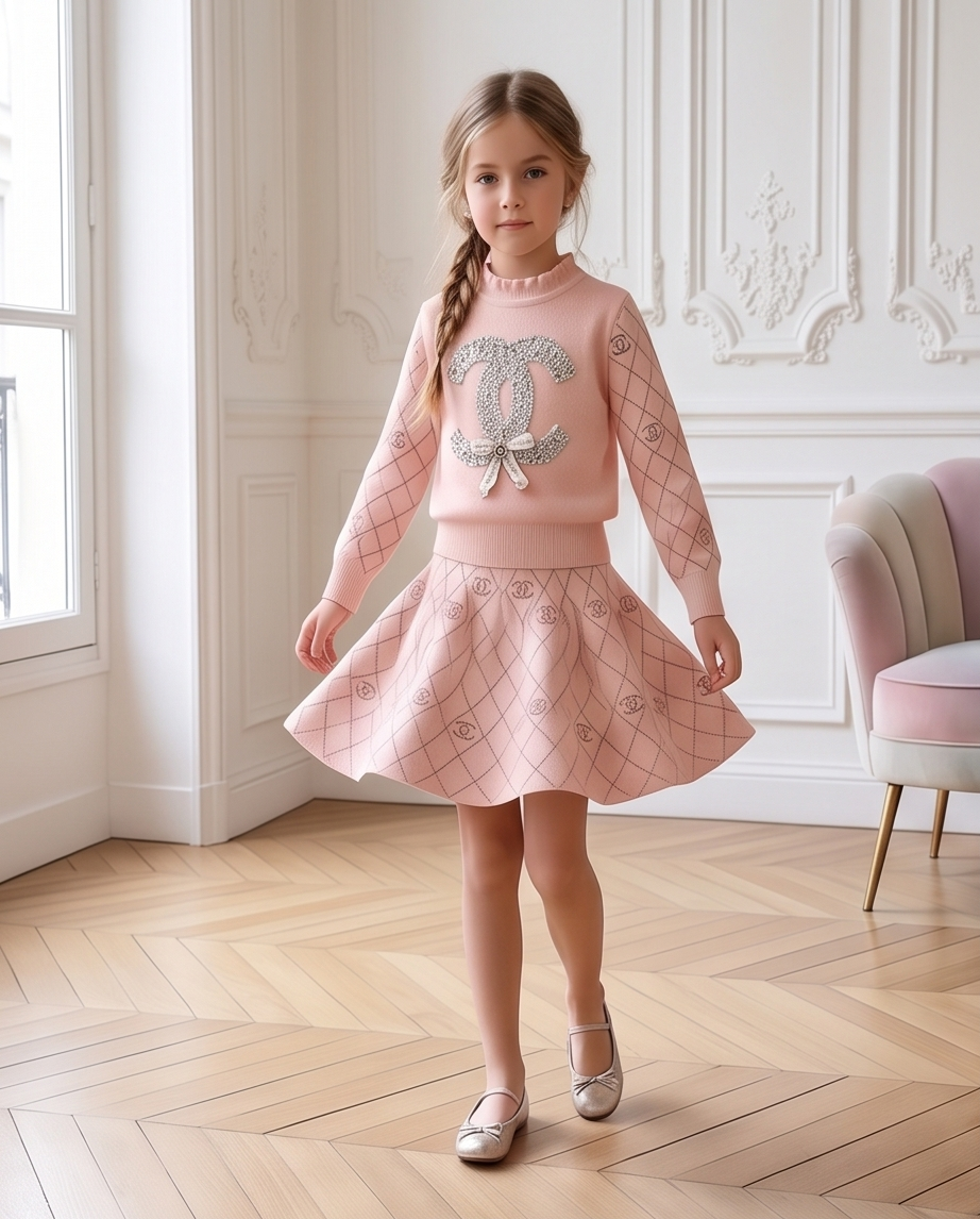 A young girl models a light pink two-piece knit set featuring a mock-neck long-sleeve top with a large silver Chanel logo on the chest and diamond-patterned sleeves, paired with a matching flared skirt. She is standing in a bright room with a herringbone wood floor and white paneled walls.