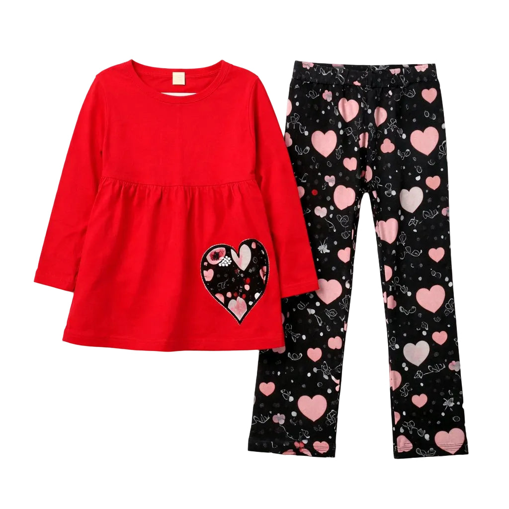 Red top with heart design and black pants with pink heart patterns on a white background
