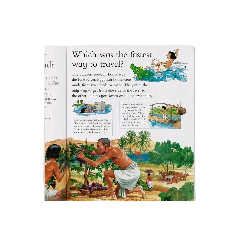 A vintage children's educational book page showing an illustrated history of travel to Egypt, with text and multiple colorful drawings on a white page, photographed against a neutral gray background.