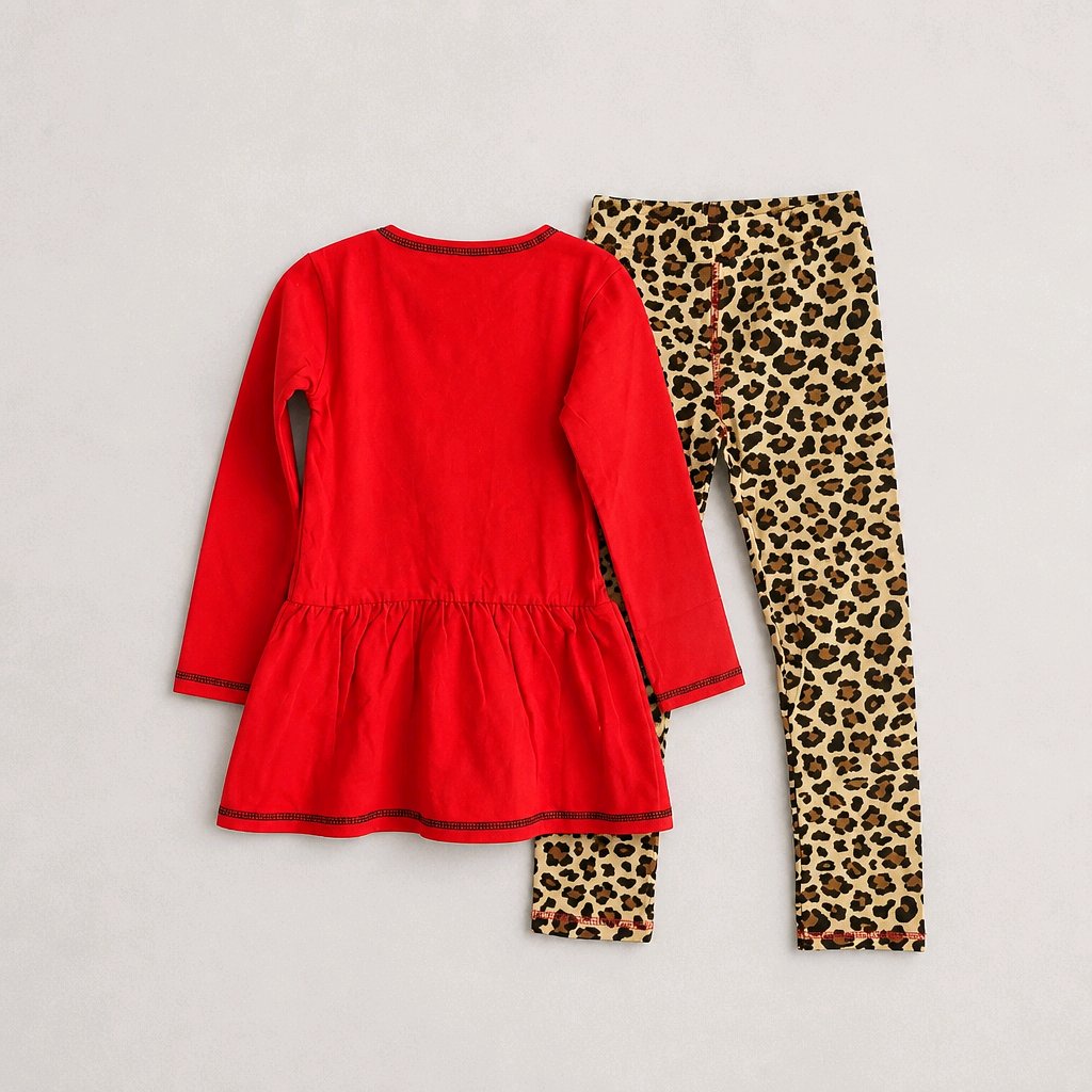 A two-piece children's outfit set featuring a bright red long-sleeve peplum top and leopard print leggings, laid flat on a light gray background.